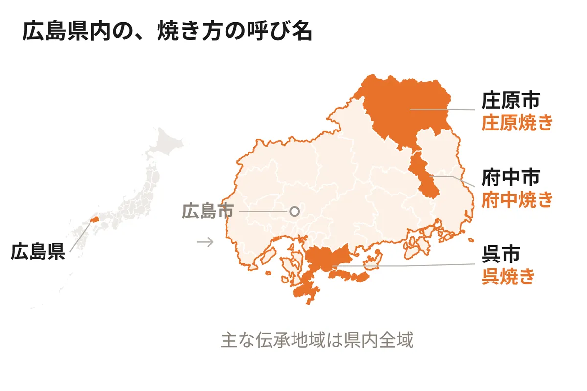 日本地図の中の広島県と、県内の拡大図。府中市・呉市・庄原市に、府中焼き・呉焼き・庄原焼きという焼き方の呼び名を示した図